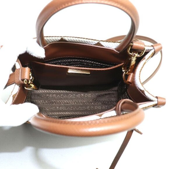 Prada Symbol Embroidered Fabric Mini 2 way Shoulder Bag Brown White Mbmb IC - Picture 3 of 9